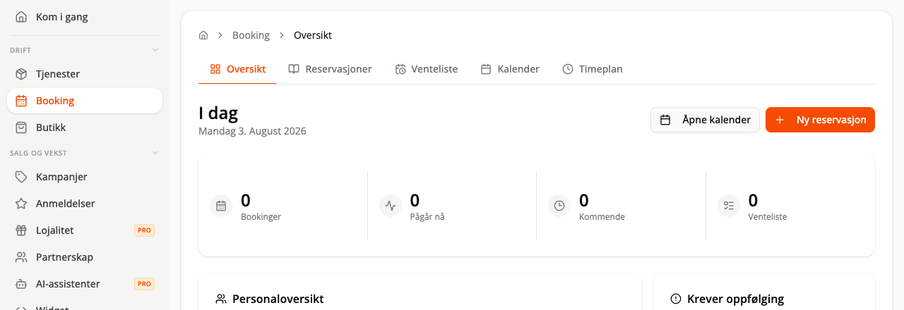 Booking-oversikt med Reservasjoner, Venteliste, Kalender og Timeplan
